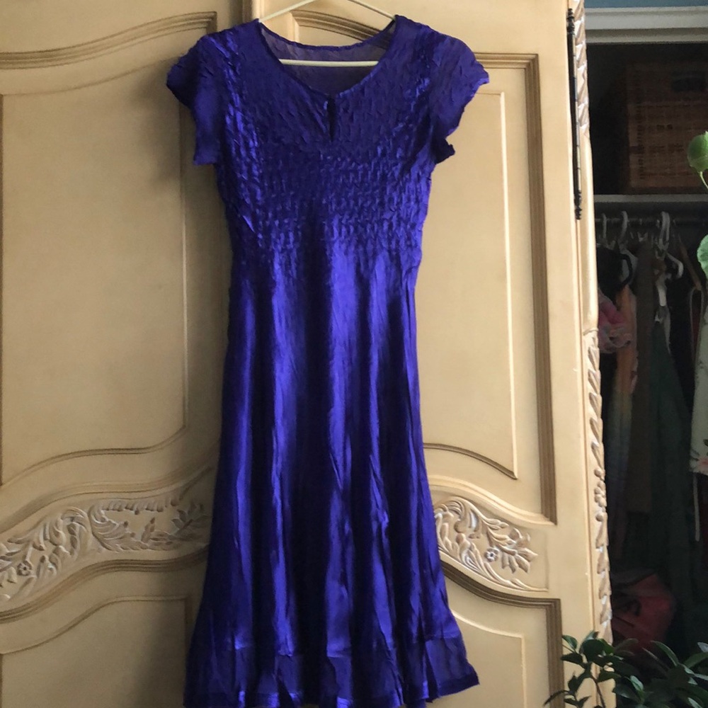 Purple Smocked Midi Dress with Flutter Sleeves for Cocktail
